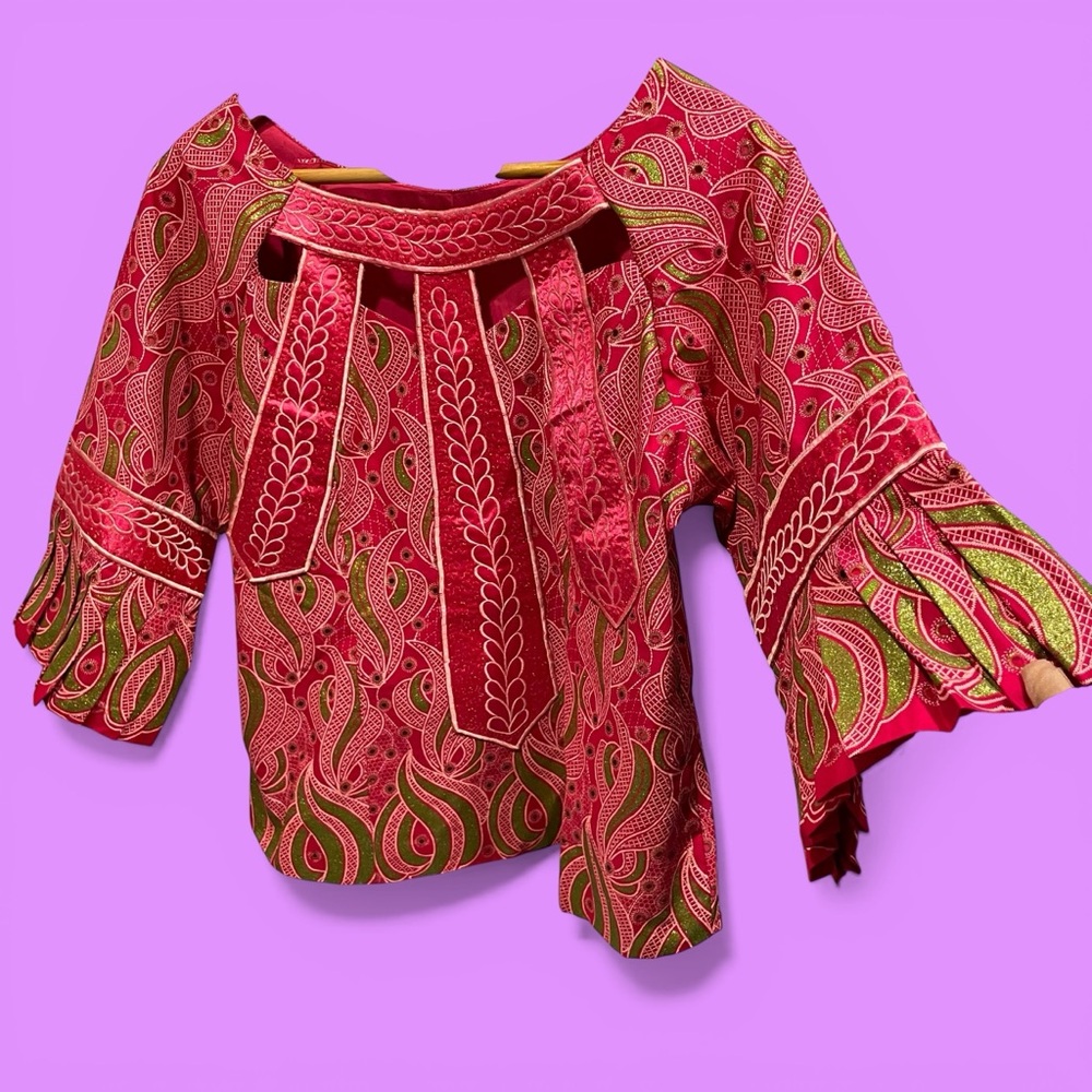 Cute pink green shimmer thai peacock cutout pleated bell sleeve swirl top cotton